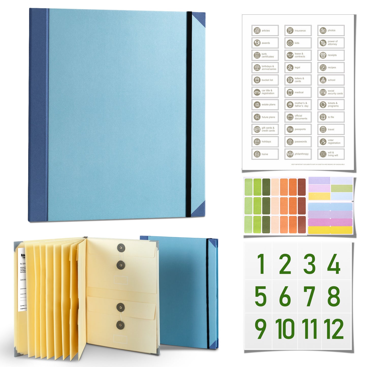Blue Important Document Organizer Folder with 10 Manila Envelopes and Acid-Free Paper for Home Office Estate V888-ELOSUNG43163