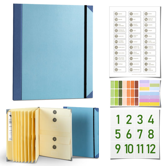 Blue Important Document Organizer Folder with 10 Manila Envelopes and Acid-Free Paper for Home Office Estate V888-ELOSUNG43163