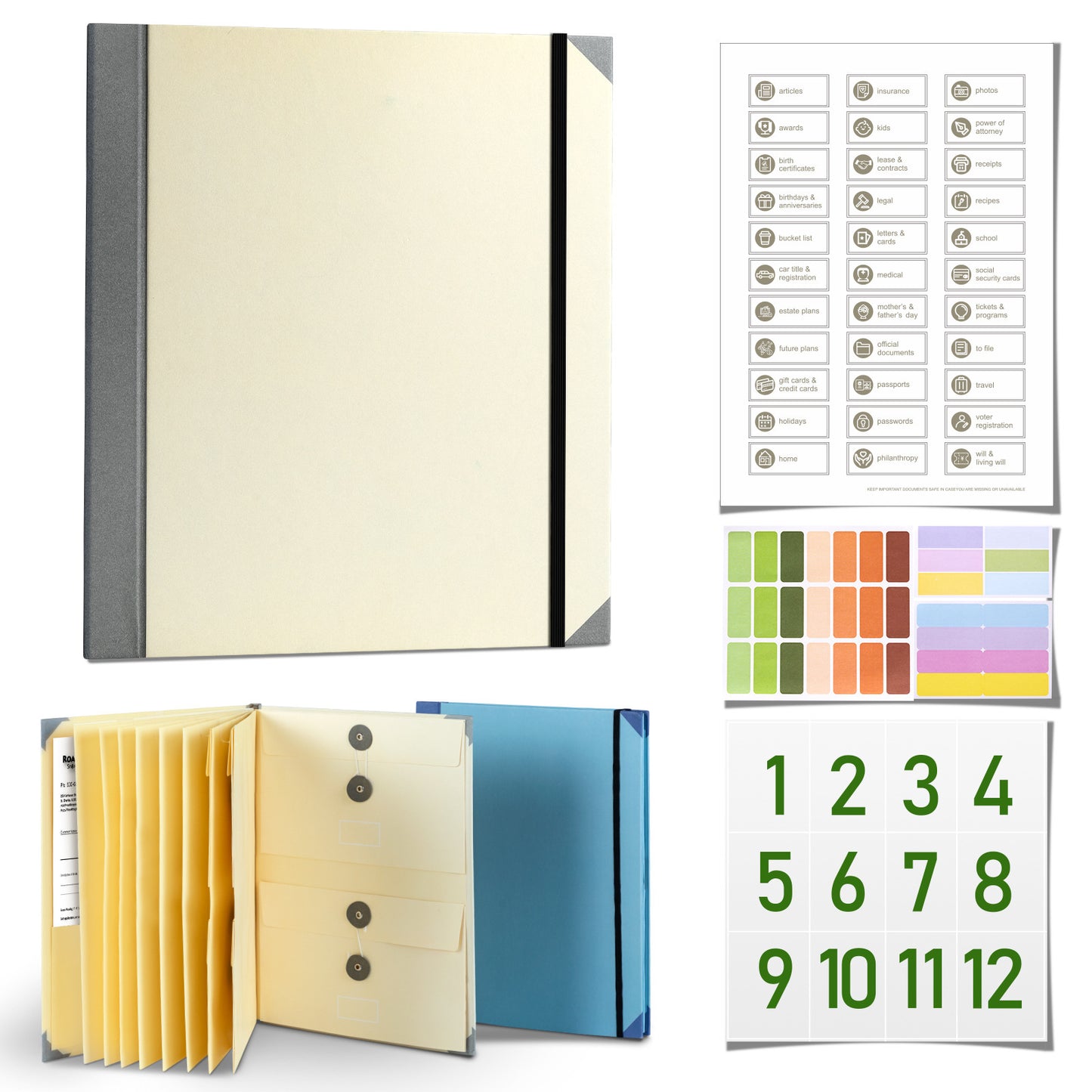 Khaki Important Document Organizer Folder with 10 Manila Envelopes and Acid-Free Paper for Home Office Estate V888-ELOSUNG43164