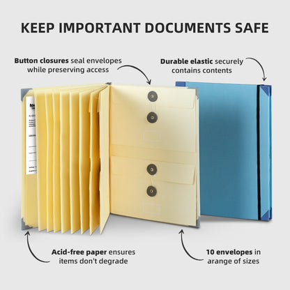 Khaki Important Document Organizer Folder with 10 Manila Envelopes and Acid-Free Paper for Home Office Estate V888-ELOSUNG43164
