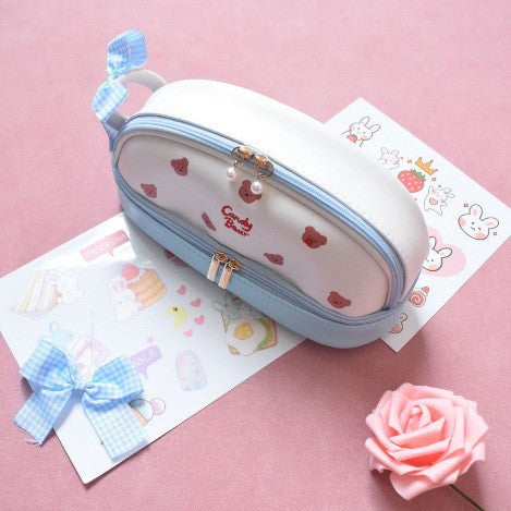 Blue Large Capacity Double Layer Pencil Case Waterproof PU Leather Stationery Organizer for Australian V888-ELOSUNG43175