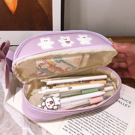 Purple Large Capacity Double Layer Pencil Case Waterproof PU Leather Stationery Organizer for Australian V888-ELOSUNG43177