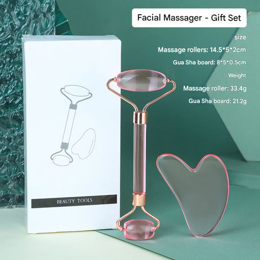 Transparent pink Dual-Head Resin Facial Roller and Heart-Shaped Gua Sha Set for Home SPA Skincare and Face V888-ELOSUNG43291