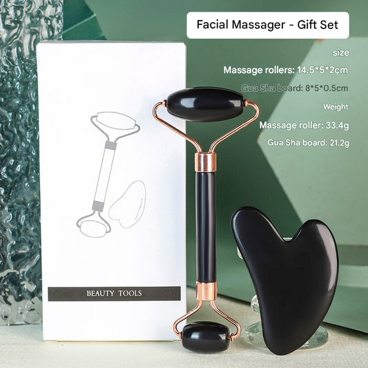 Black Dual-Head Resin Facial Roller and Heart-Shaped Gua Sha Set for Home SPA Skincare and Face Neck Massage V888-ELOSUNG43301
