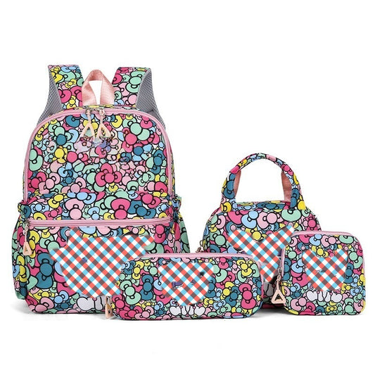 Flower-Patterned Cloth 4-Piece Large Capacity School Backpack Set for Primary Students Years 3-6 Durable V888-ELOSUNG43309
