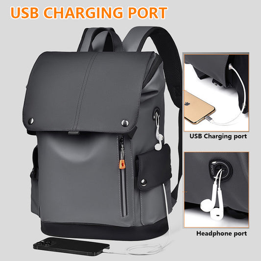 Black Men Large Capacity Business Laptop Backpack Waterproof PU Leather Travel Rucksack with USB Port for V888-ELOSUNG43317