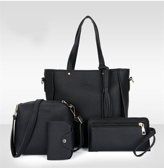 Black 4-Piece Women Bag Set Lychee Grain PU Leather Large Capacity Tote Shoulder Bag Crossbody Clutch and V888-ELOSUNG43324
