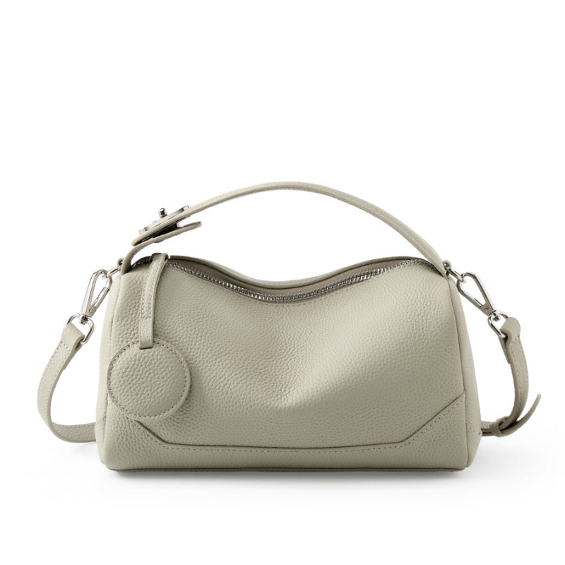 Beige Women Genuine First Layer Cowhide Boston Bag Fashionable Handheld Crossbody Shoulder Bag with 115cm V888-ELOSUNG43330