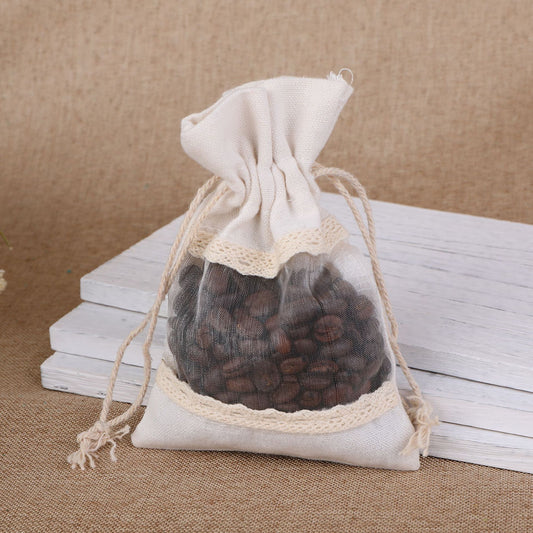 White 10 Pack Linen Canvas Drawstring Gift Bags with Lace Trim and Mesh Window 10x14cm Elegant Pouches for V888-ELOSUNG43343