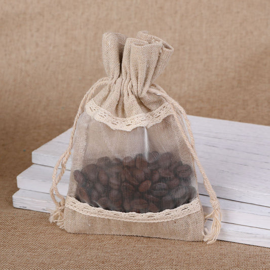 Brownish-gray 10 Pack Linen Canvas Drawstring Gift Bags with Lace Trim and Mesh Window 10x14cm Elegant V888-ELOSUNG43344
