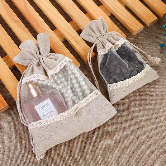 Brownish-gray 10 Pack Linen Canvas Drawstring Gift Bags with Lace Trim and Mesh Window 13x18cm Versatile V888-ELOSUNG43345