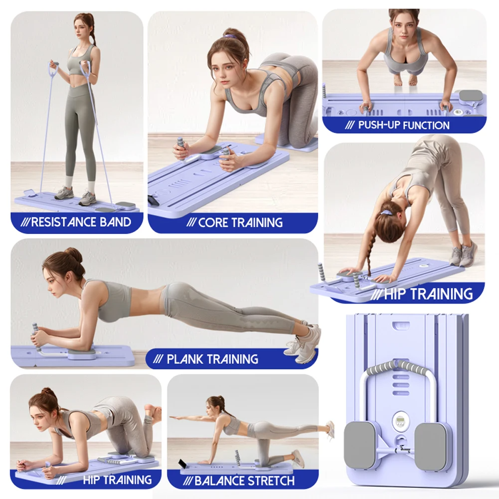 Pink Multi-functional Core Training Board with Digital Timer and Resistance Bands Foldable Fitness Panel for V888-ELOSUNG43472