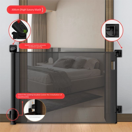 Black Retractable Baby Safety Gate and Pet Barrier Extra Wide 300cm for Stairs and Doorways No Drill Mesh V888-ELOSUNG43500