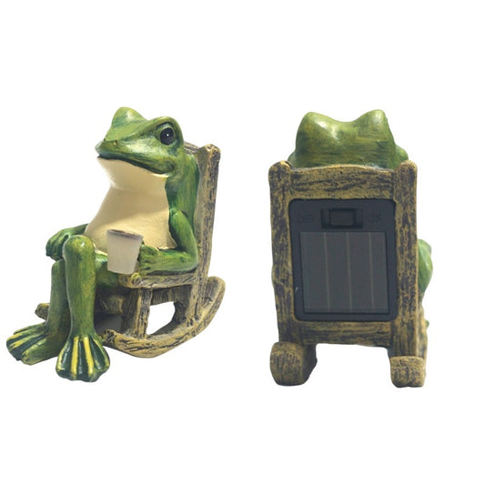 Solar Powered Rocking Chair Frog Garden Statue Resin Animal Sculpture with LED Glowing Cup for Patio Backyard V888-ELOSUNG43516