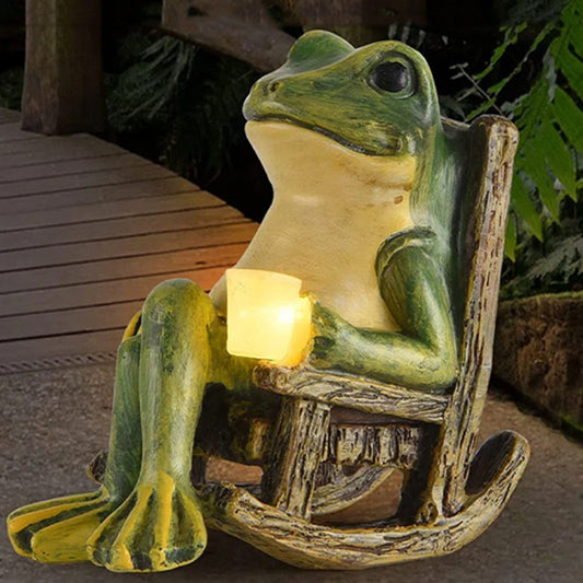 Solar Powered Rocking Chair Frog Garden Statue Resin Animal Sculpture with LED Glowing Cup for Patio Backyard V888-ELOSUNG43516