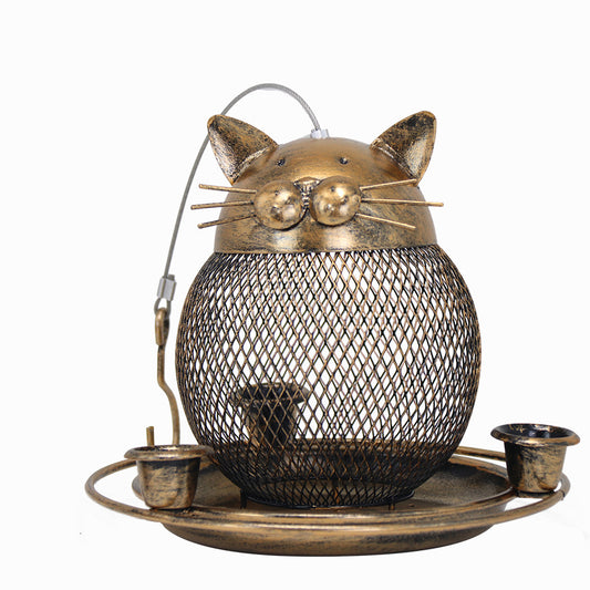Fine mesh + 3 water cups Whimsical Cat Shaped Metal Bird Feeder Hanging Mesh Wild Bird Seed Holder for Garden V888-ELOSUNG43529