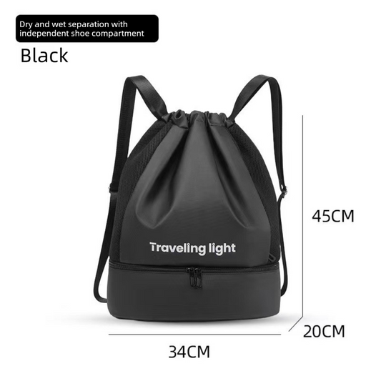 Black Waterproof Drawstring Swimming Backpack with Wet Dry Separation and Shoe Compartment for Gym and Yoga V888-ELOSUNG43567