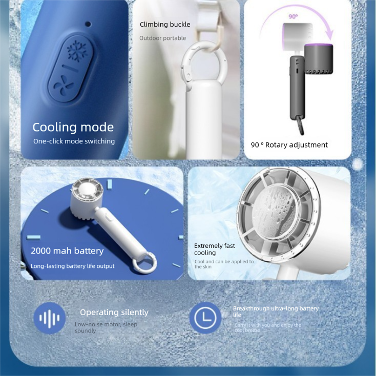 Blue Portable Ice Cooling Handheld Fan USB Rechargeable 2000mAh Silent Battery Fan for Office and Outdoor Use V888-ELOSUNG43580