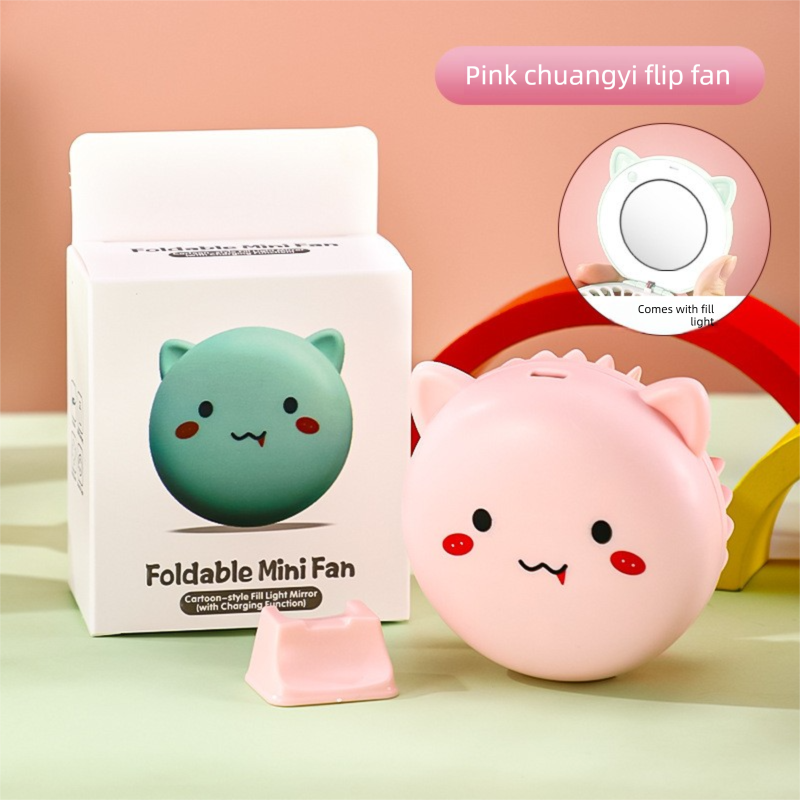 Pink 3-in-1 Mini Portable Fan with Makeup Mirror and LED Fill Light USB Rechargeable Pocket Sized Cooling V888-ELOSUNG43587