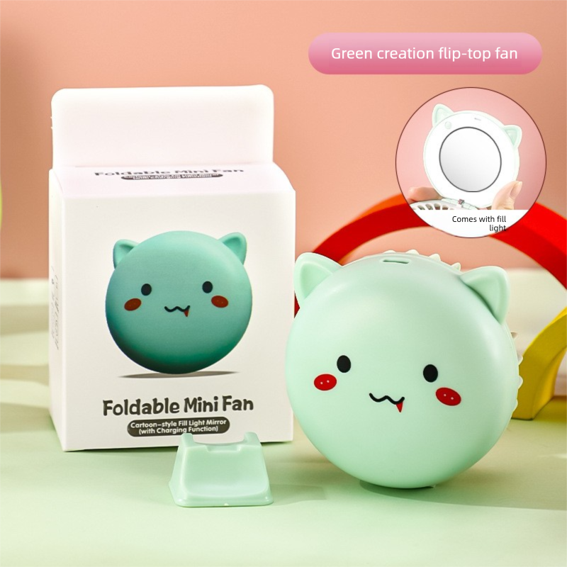 Green 3-in-1 Mini Portable Fan with Makeup Mirror and LED Fill Light USB Rechargeable Pocket Sized Cooling V888-ELOSUNG43588