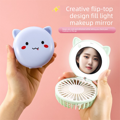 Green 3-in-1 Mini Portable Fan with Makeup Mirror and LED Fill Light USB Rechargeable Pocket Sized Cooling V888-ELOSUNG43588