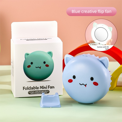 Blue 3-in-1 Mini Portable Fan with Makeup Mirror and LED Fill Light USB Rechargeable Pocket Sized Cooling V888-ELOSUNG43589