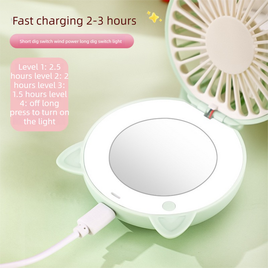 Blue 3-in-1 Mini Portable Fan with Makeup Mirror and LED Fill Light USB Rechargeable Pocket Sized Cooling V888-ELOSUNG43589