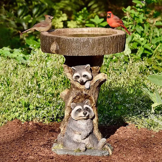 Raccoon Resin Bird Feeder with Natural Stump Design for Garden and Outdoor Decor, Ideal for Attracting Birds V888-ELOSUNG43643