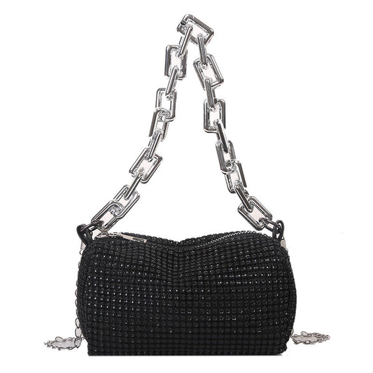 Black Mini Shoulder Bag for Women - Rhinestone-Embellished Pillow-Shaped Chain Bag with Fashionable Metal V888-ELOSUNG43657