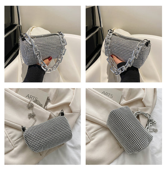Black Mini Shoulder Bag for Women - Rhinestone-Embellished Pillow-Shaped Chain Bag with Fashionable Metal V888-ELOSUNG43657