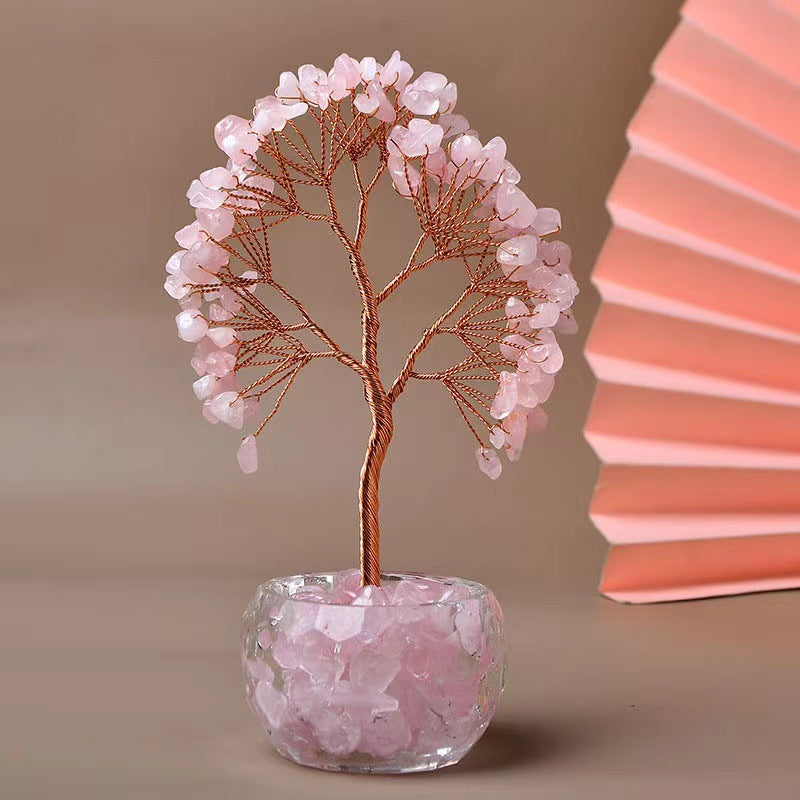 Pink Natural Crystal Tree Ornament - Handmade Miniature Decorative Tree with Glass Base for Home, Office & V888-ELOSUNG43712