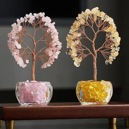 Pink Natural Crystal Tree Ornament - Handmade Miniature Decorative Tree with Glass Base for Home, Office & V888-ELOSUNG43712