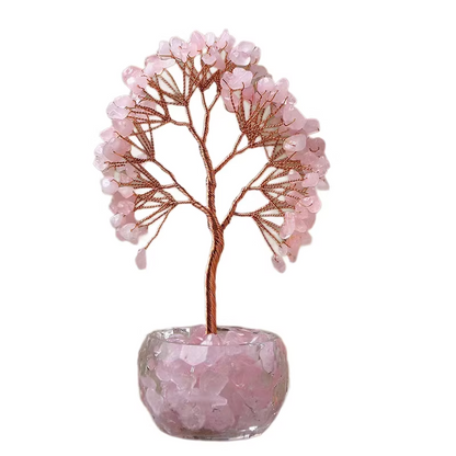 Pink Natural Crystal Tree Ornament - Handmade Miniature Decorative Tree with Glass Base for Home, Office & V888-ELOSUNG43712