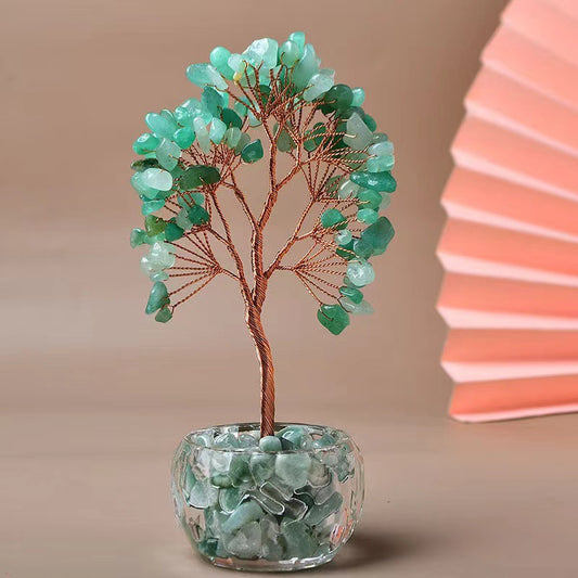 Green Natural Crystal Tree Ornament - Handmade Miniature Decorative Tree with Glass Base for Home, Office & V888-ELOSUNG43714