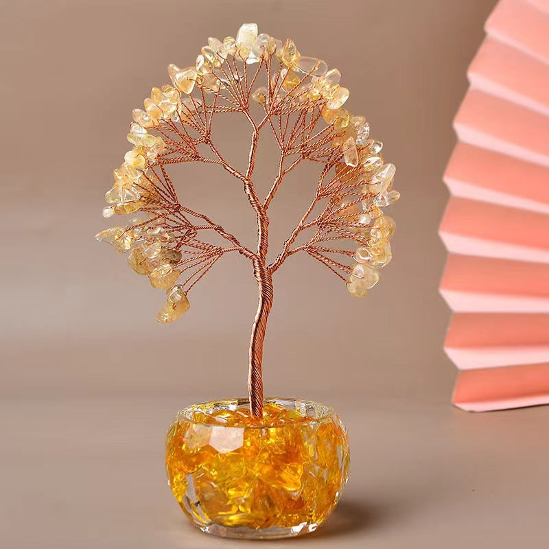 Yellow Natural Crystal Tree Ornament - Handmade Miniature Decorative Tree with Glass Base for Home, Office & V888-ELOSUNG43715