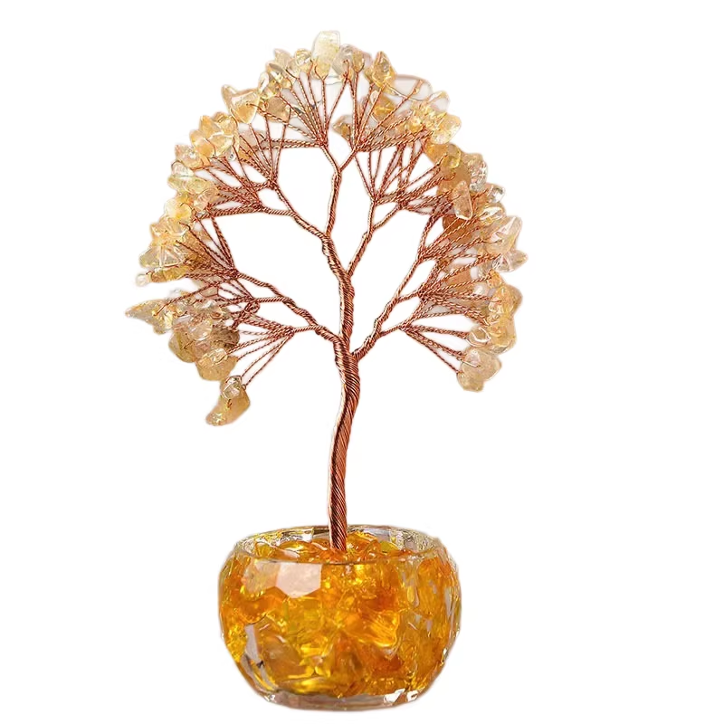 Yellow Natural Crystal Tree Ornament - Handmade Miniature Decorative Tree with Glass Base for Home, Office & V888-ELOSUNG43715