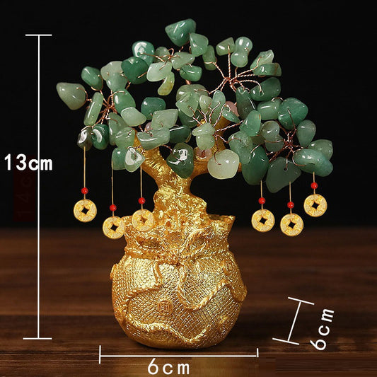 Green Handcrafted Crystal Tree Ornament - Resin Money Bag Base with Hanging Coin Charms for Home & Office V888-ELOSUNG43719
