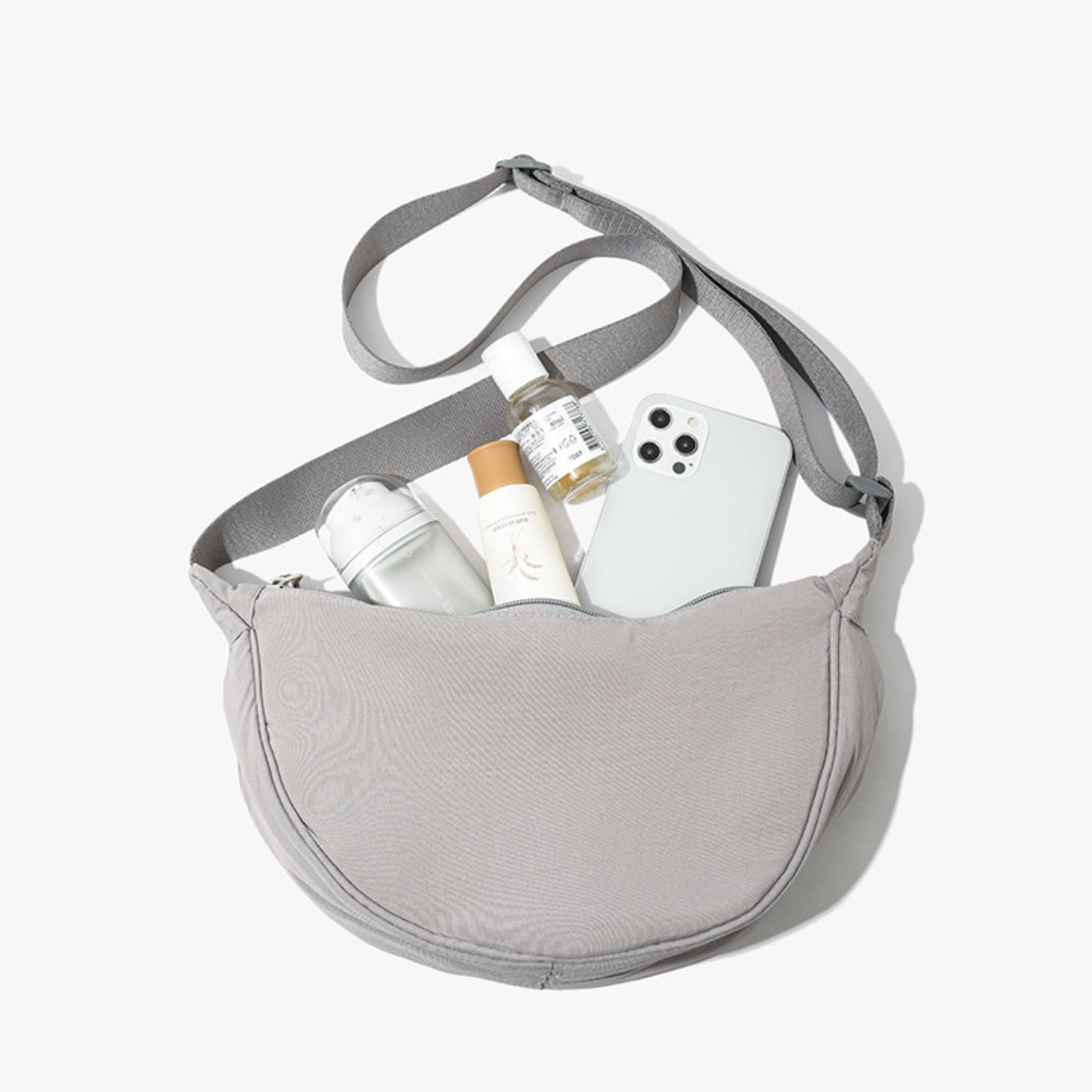 Grey Lightweight Nylon Crossbody Bag - Compact Saddle Style with Adjustable Strap for Everyday Use V888-ELOSUNG43721