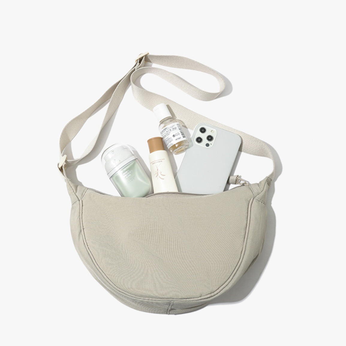 Beige Lightweight Nylon Crossbody Bag - Compact Saddle Style with Adjustable Strap for Everyday Use V888-ELOSUNG43726