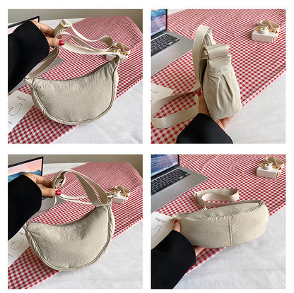 Beige Lightweight Nylon Crossbody Bag - Compact Saddle Style with Adjustable Strap for Everyday Use V888-ELOSUNG43726