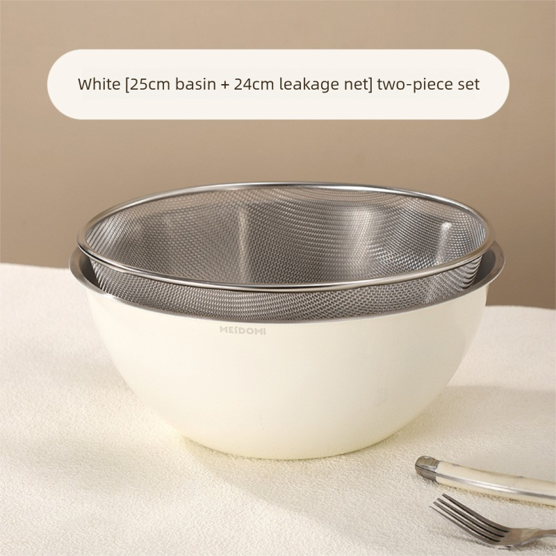 White Stainless Steel Mixing Bowl Set with Colander - Double-Layer Kitchen Basin for Salad, Washing, Mixing & V888-ELOSUNG43746