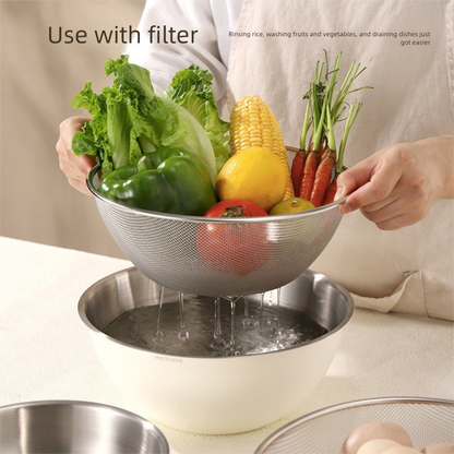 White Stainless Steel Mixing Bowl Set with Colander - Double-Layer Kitchen Basin for Salad, Washing, Mixing & V888-ELOSUNG43746