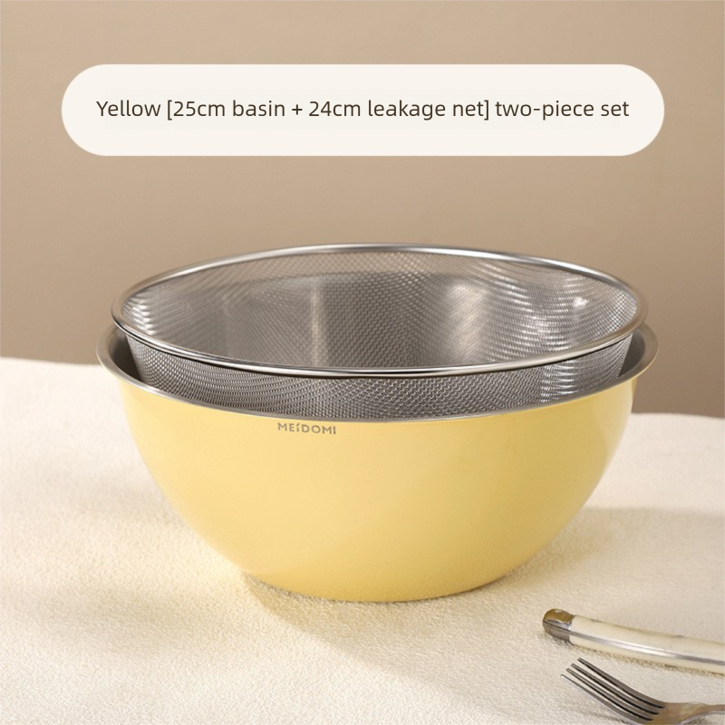Yellow Stainless Steel Mixing Bowl Set with Colander - Double-Layer Kitchen Basin for Salad, Washing, Mixing V888-ELOSUNG43747