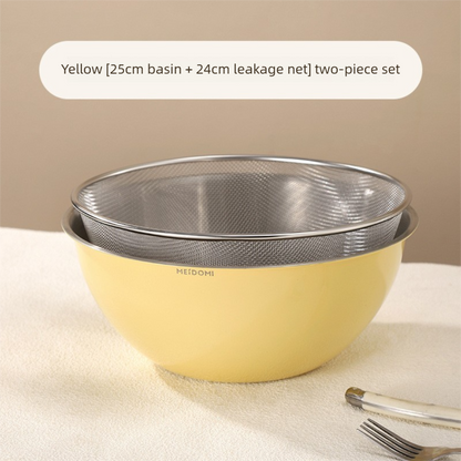 Yellow Stainless Steel Mixing Bowl Set with Colander - Double-Layer Kitchen Basin for Salad, Washing, Mixing V888-ELOSUNG43747