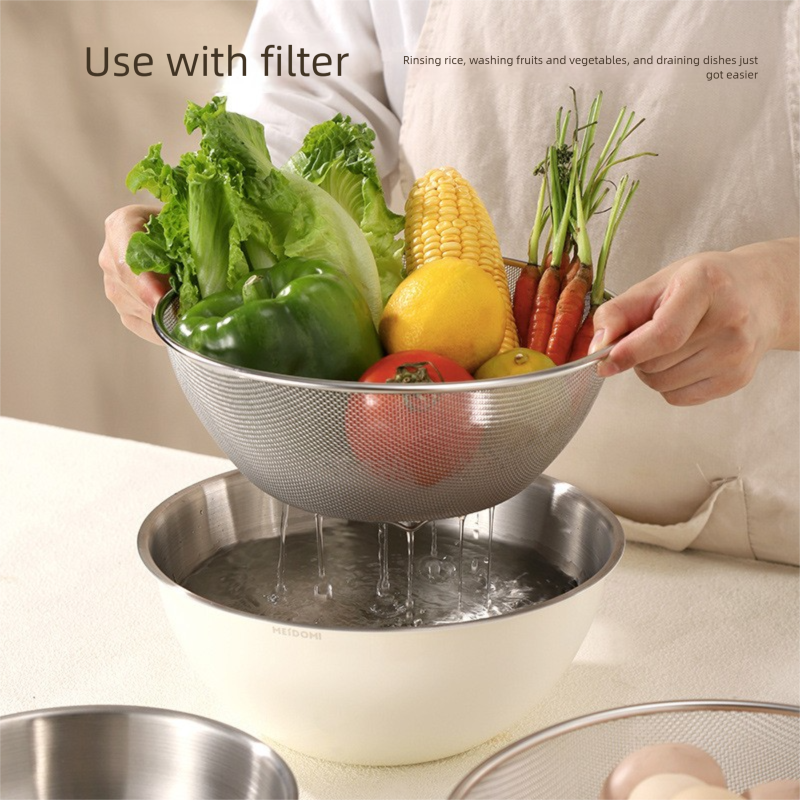 Yellow Stainless Steel Mixing Bowl Set with Colander - Double-Layer Kitchen Basin for Salad, Washing, Mixing V888-ELOSUNG43747