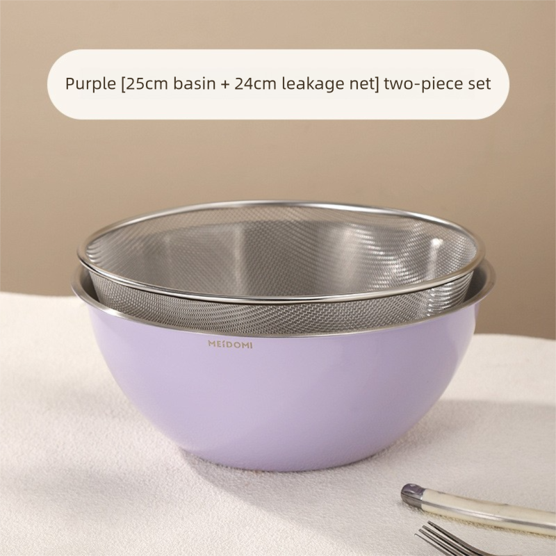 Purple Stainless Steel Mixing Bowl Set with Colander - Double-Layer Kitchen Basin for Salad, Washing, Mixing V888-ELOSUNG43748