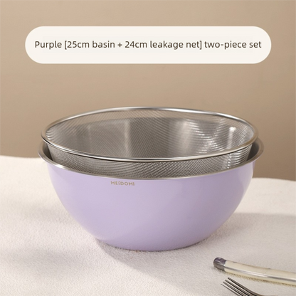 Purple Stainless Steel Mixing Bowl Set with Colander - Double-Layer Kitchen Basin for Salad, Washing, Mixing V888-ELOSUNG43748