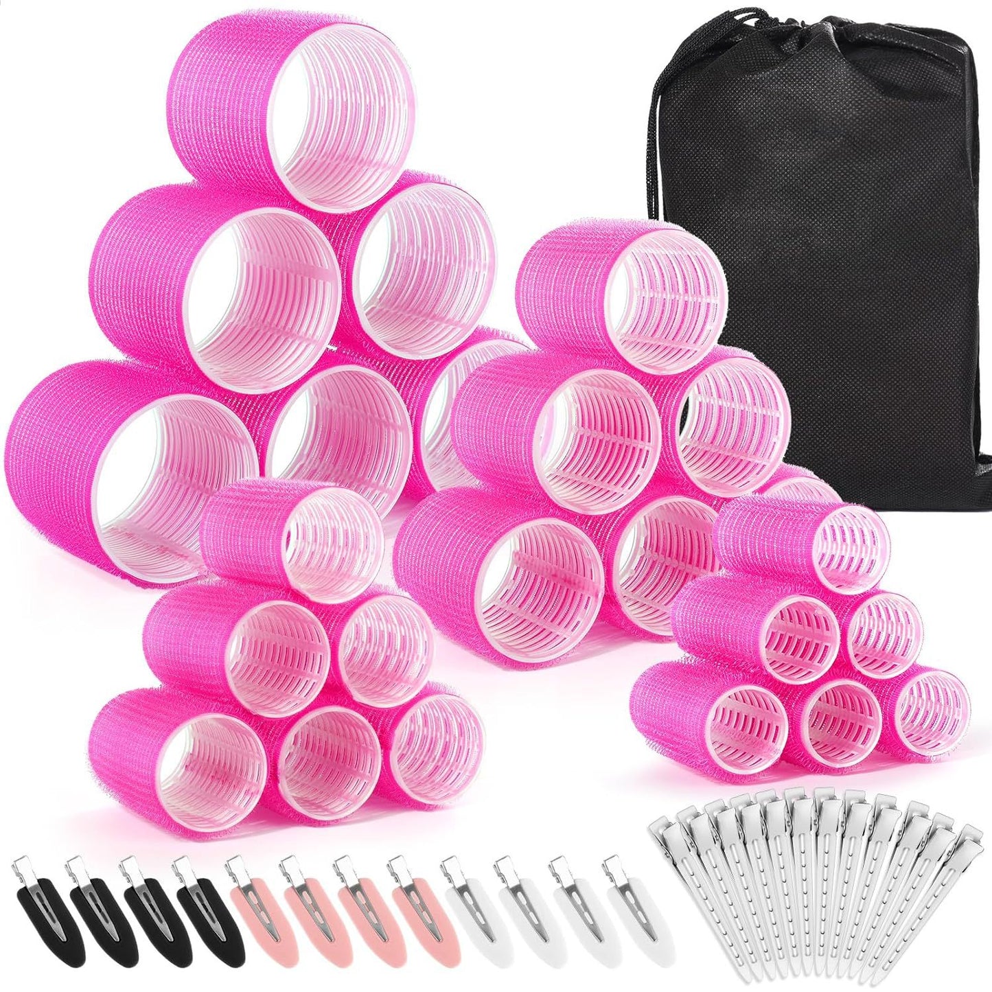 Rose red 49-Piece Pink Plastic Hair Rollers Set with Clips and Storage Bag for At-Home Styling - Multi-Size V888-ELOSUNG43749