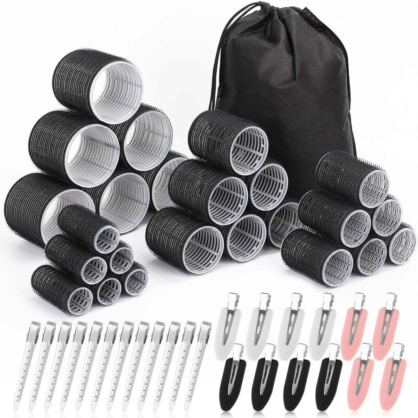 Black 49-Piece Pink Plastic Hair Rollers Set with Clips and Storage Bag for At-Home Styling - Multi-Size V888-ELOSUNG43750
