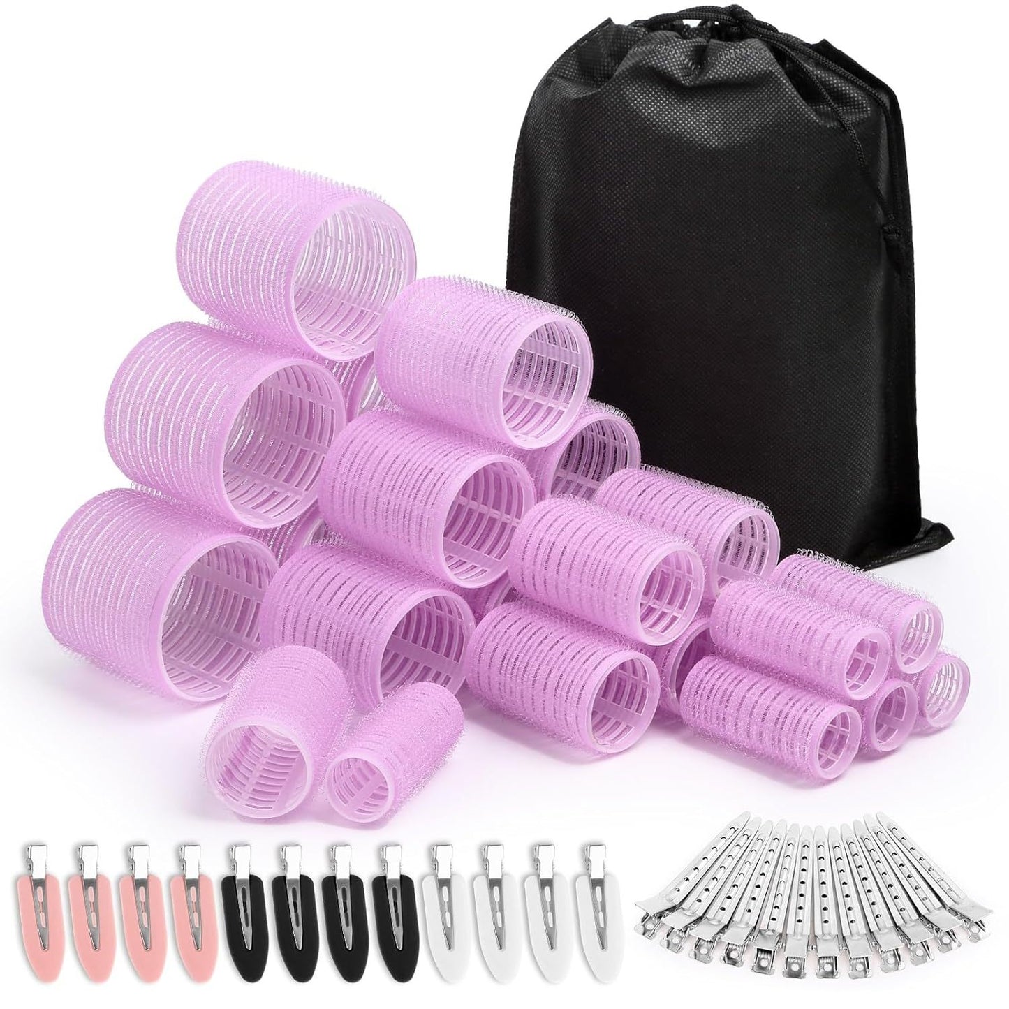 Light purple 49-Piece Pink Plastic Hair Rollers Set with Clips and Storage Bag for At-Home Styling - V888-ELOSUNG43751